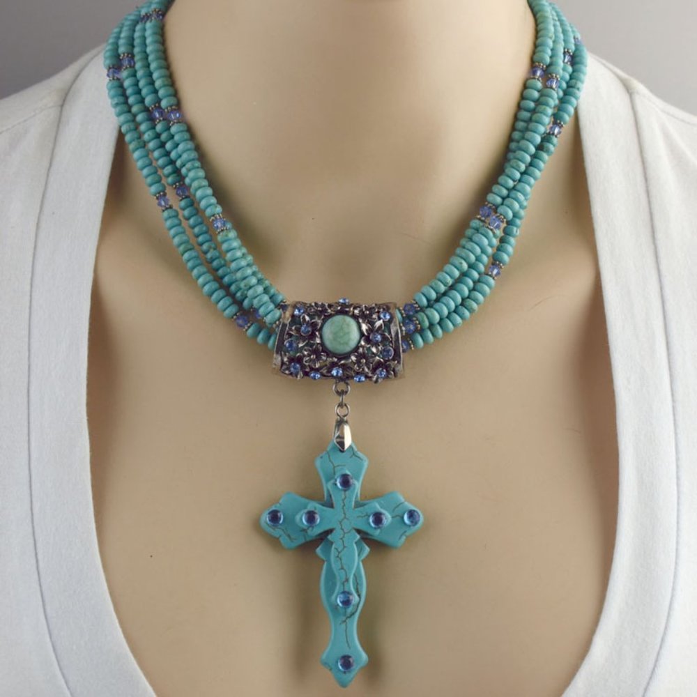 Multi Layered Turquoise Cross Necklace Set
